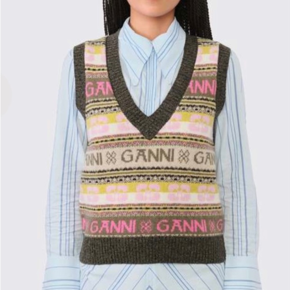 GANNI Fair Isle Logo Knit Sweater Vest – Multicolor – Size L – NWOT